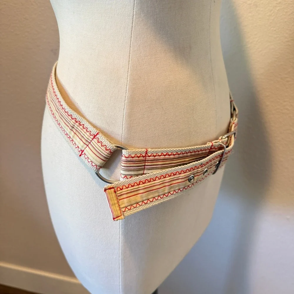 Woven Canvas Striped Belt Red Cream Silver Buckle D-Ring Grommet Casual Boho